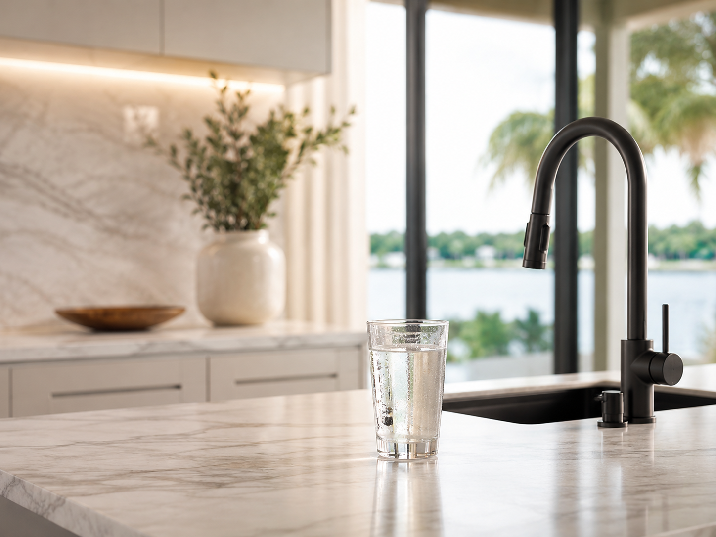 Premium kitchen faucet and clear glass of water in a modern Florida home