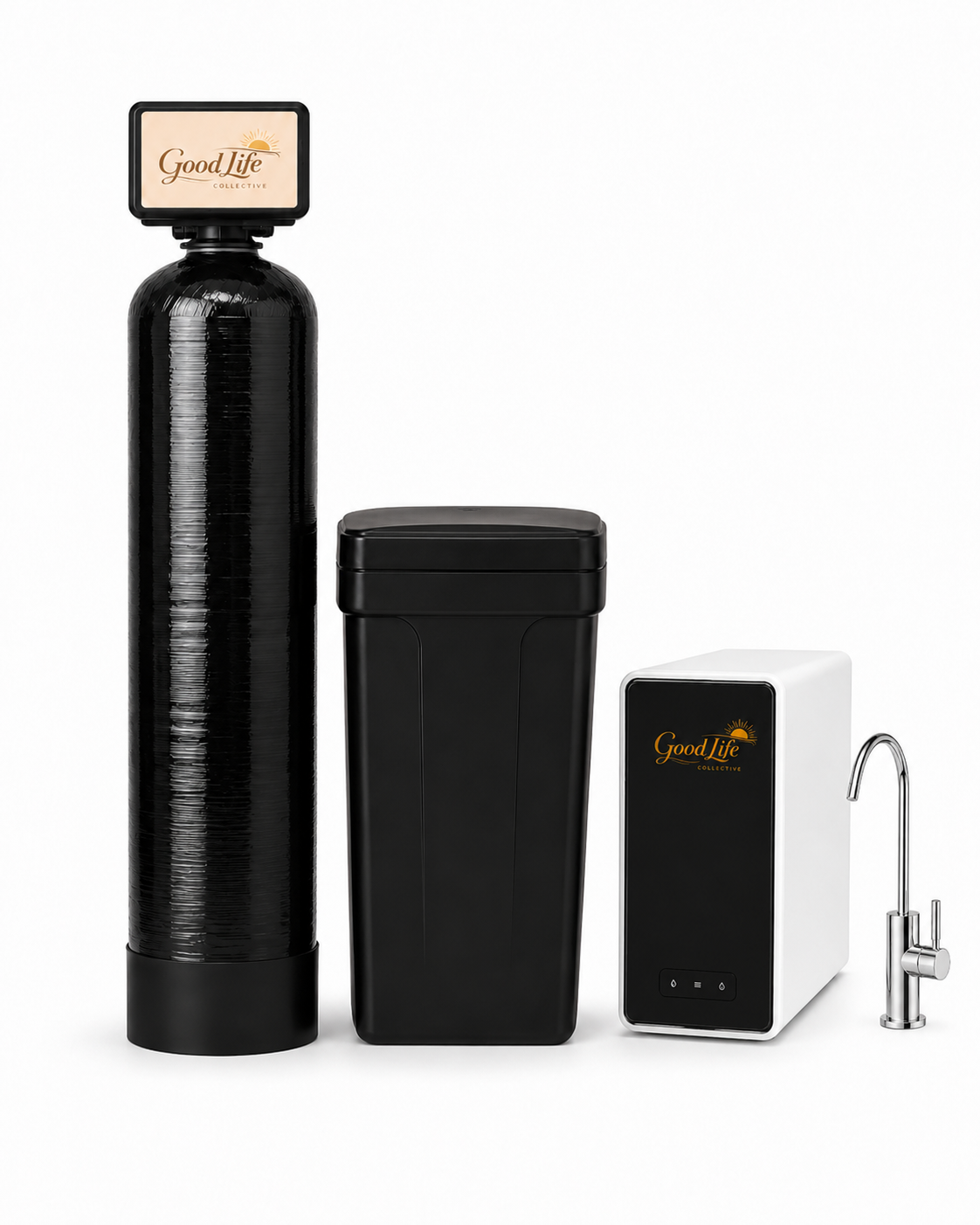 Branded Good Life Collective whole-home water system package with softener brine tank and under-sink reverse osmosis unit