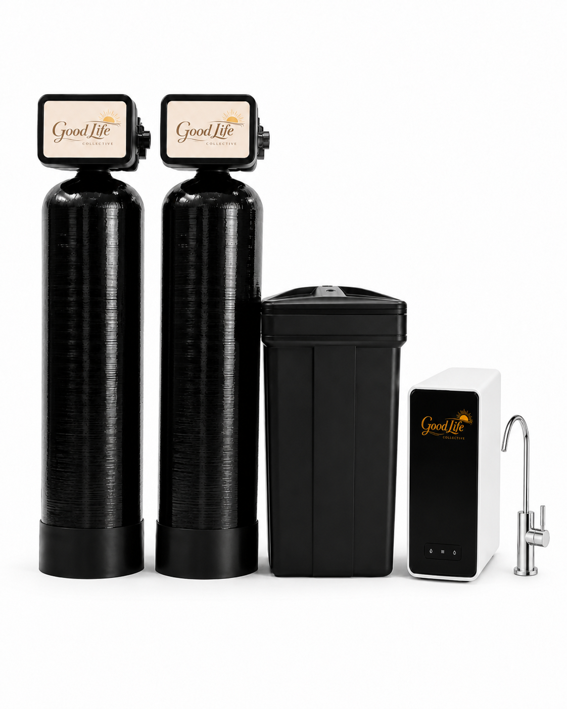 Branded Good Life Collective premium dual-tank whole-home water system with softener brine tank and under-sink reverse osmosis unit